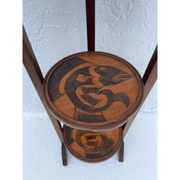 Vintage 3-Tier Solid Wood Round Carved Folding Table Pie Stand Plant Shelf 38.5" - Picture 5 of 11
